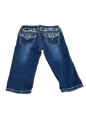 Miss Chic Denim Capri Low Rise Jeans Sz 5 Embroidered Back Pockets Blue Stretch